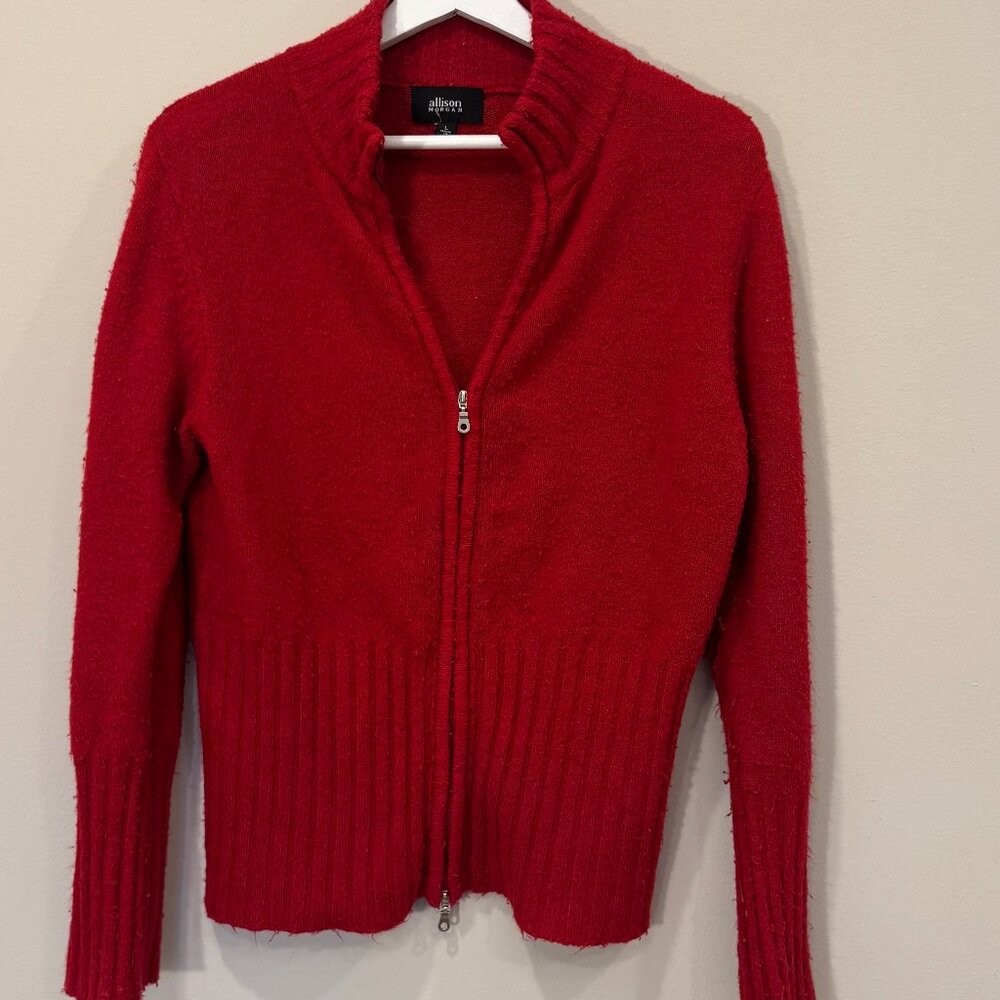 Red Zip Up Knit Cardigan Sweater Women’s Large Mock Neck Allison Morgan